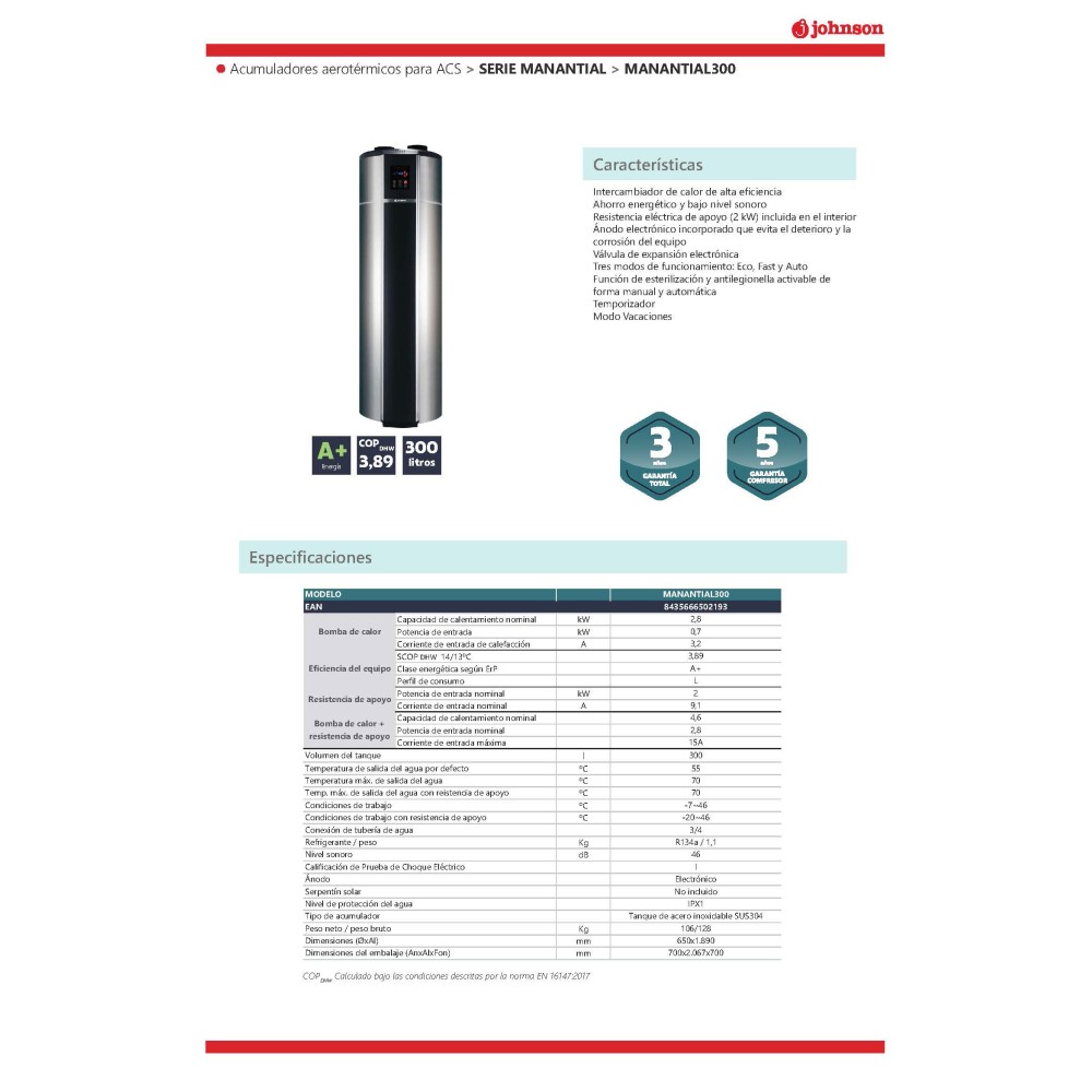 MANANTIAL300 ACUMULADOR AEROTÉRMICO JOHNSON PARA ACS