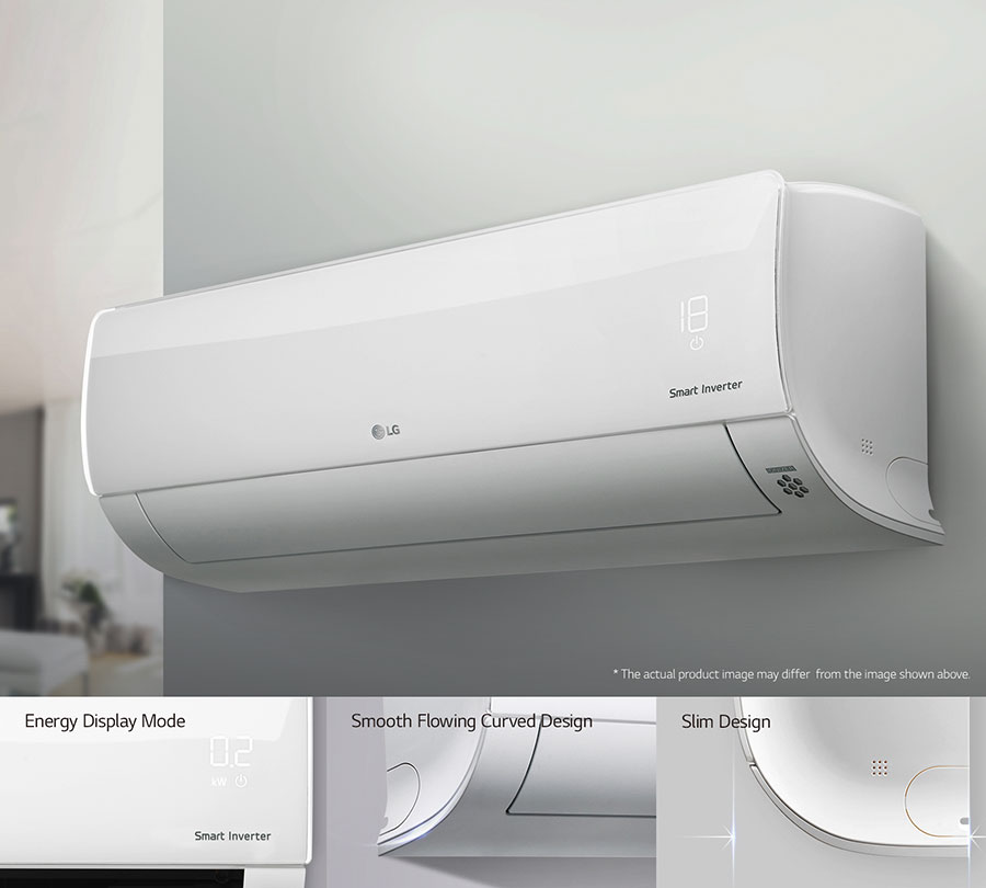 Diseño slim y compacto del aire acondicionado LG Diseño sencillo y compacto del aire acondicionado LG Smart Inverter con filtro deslizante EZ y pantalla de consumo oculta